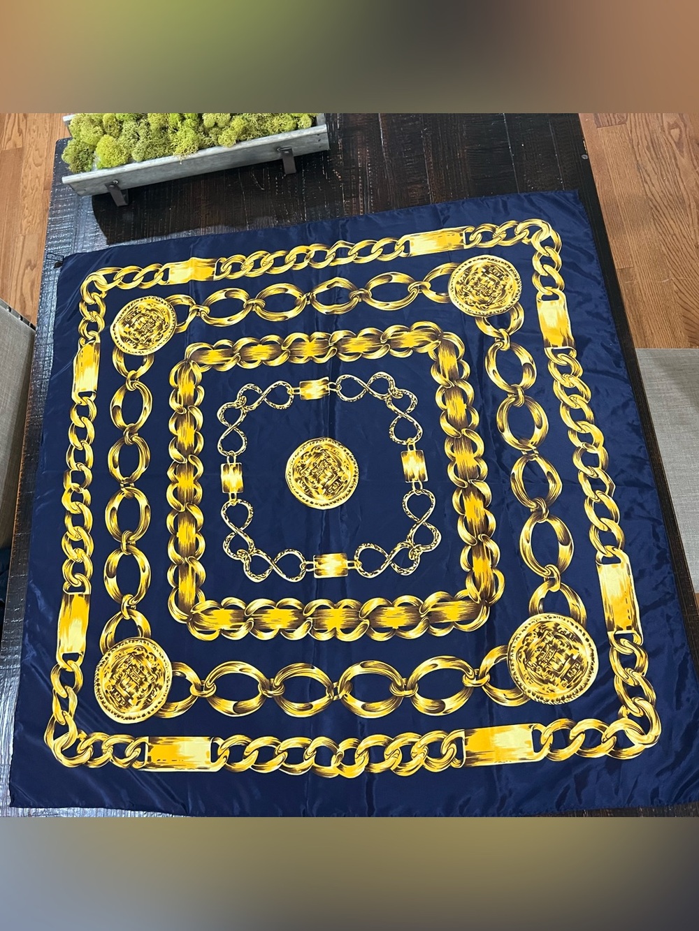 100% Pure Silk Scarf 34” Paris France Navy Gold Chain Coin Print Square